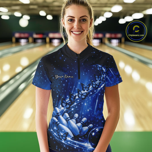 Custom Blue Butterfly Bowling Women Quarter-Zip Team Shirt, Ladies Bowling League Shirt IPHW10902
