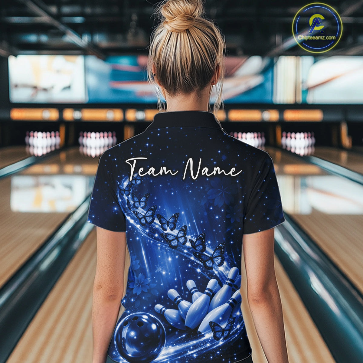 Custom Blue Butterfly Bowling Women Quarter-Zip Team Shirt, Ladies Bowling League Shirt IPHW10902