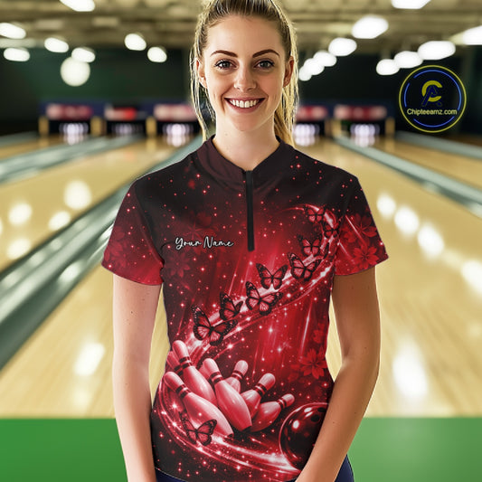 Custom Red Butterfly Bowling Women Quarter-Zip Team Shirt, Ladies Bowling League Shirt IPHW10903