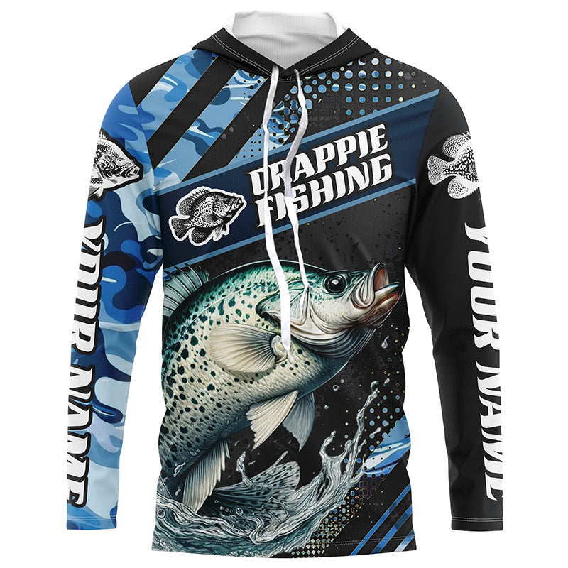 Personalized Blue Camo Crappie Fishing Jerseys, Crappie Long Sleeve Tournament Fishing Shirts IPHW6331