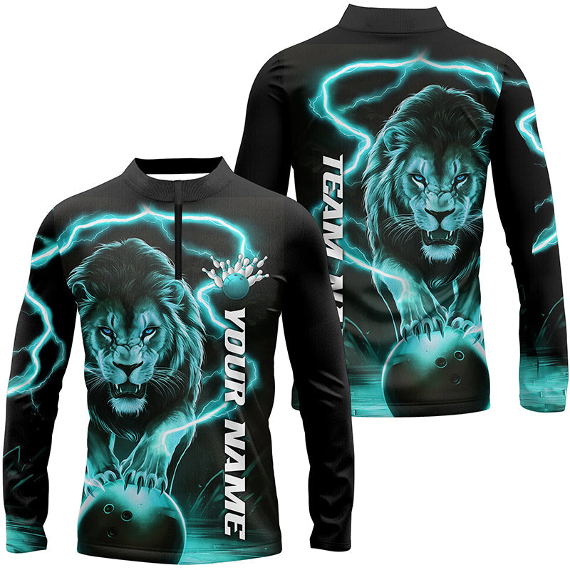 Custom Lion Long Sleeve Bowling Shirts For Men, Lion Bowling Team Quarter Zip Shirts | Blue IPHW6777