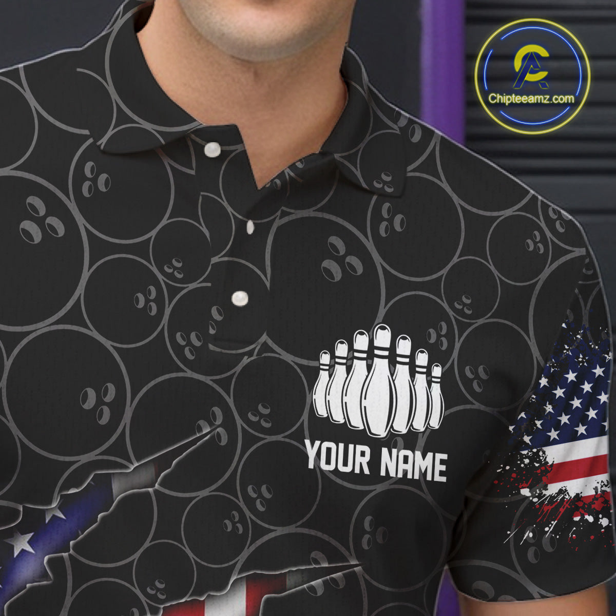 Custom Patriotic Bowling Shirts For Men, American Flag Bowling Uniform Bowlers Outfit | Black IPHW6778