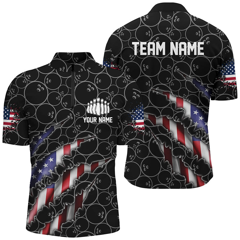 Custom Patriotic Bowling Zip Shirts For Men, American Flag Bowling Uniform Bowlers Outfit | Black IPHW6778
