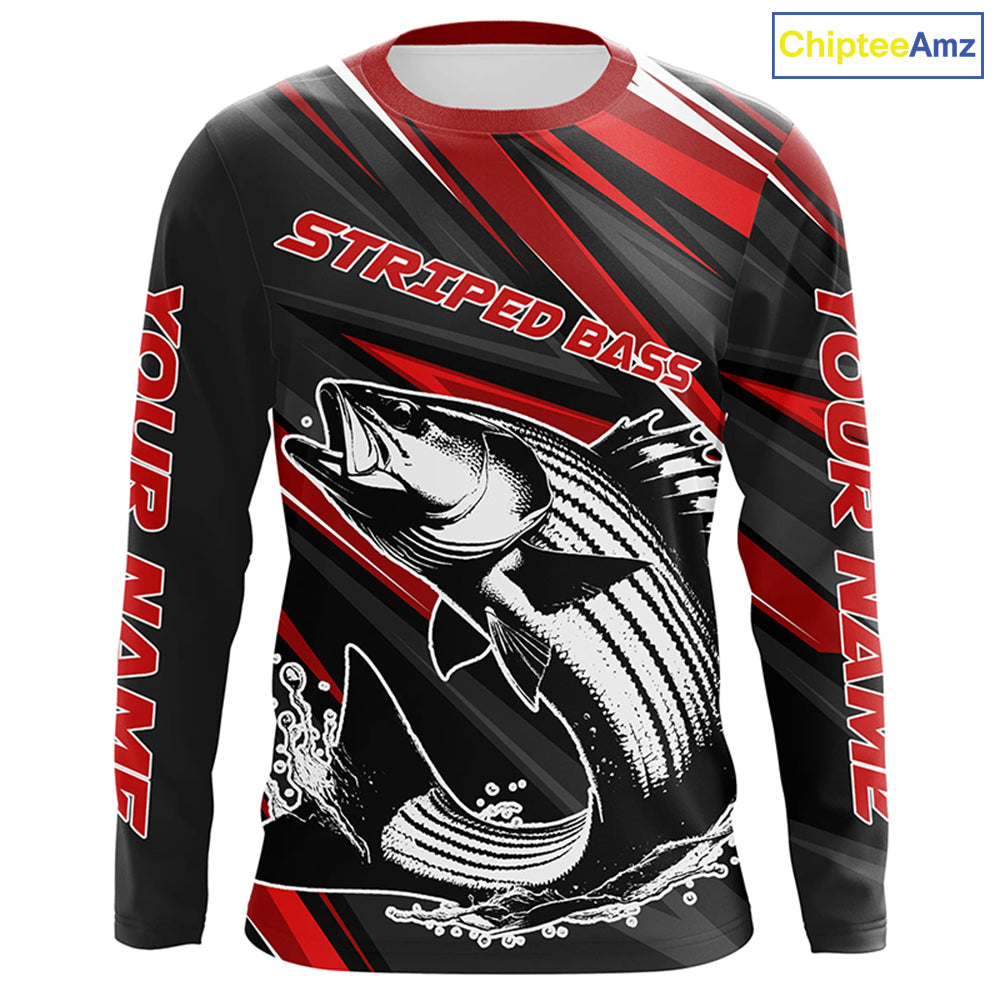 Black And Red Striped Bass Fishing Jerseys, Custom Striper Long Sleeve Performance Fishing Shirts IPHW6897