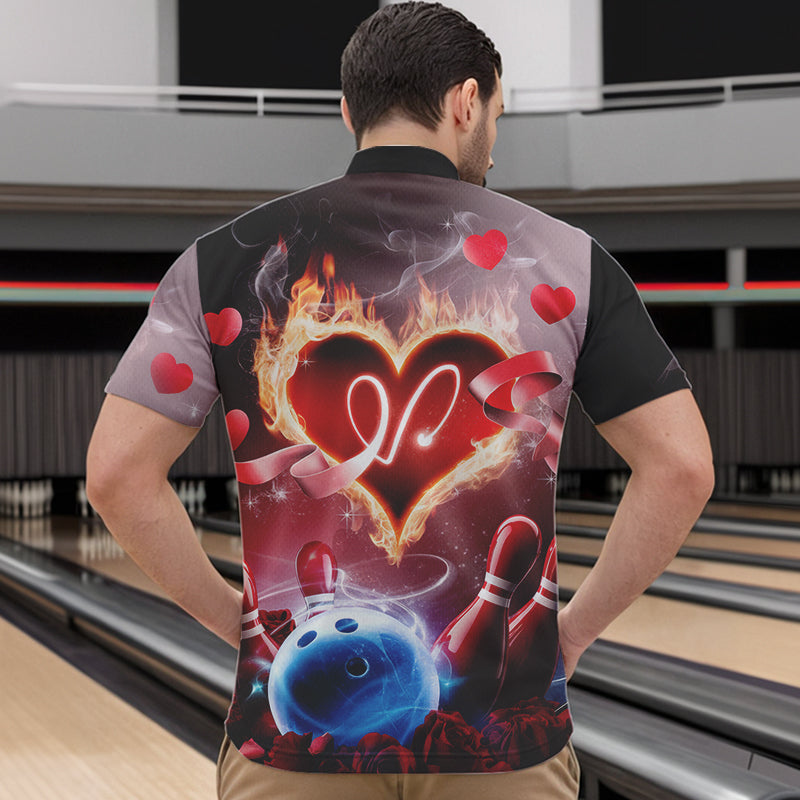 Custom Valentines Day Couple Bowling Quarter-Zip Shirts For Men, Roses And Flame Bowling For Lovers IPHW8340