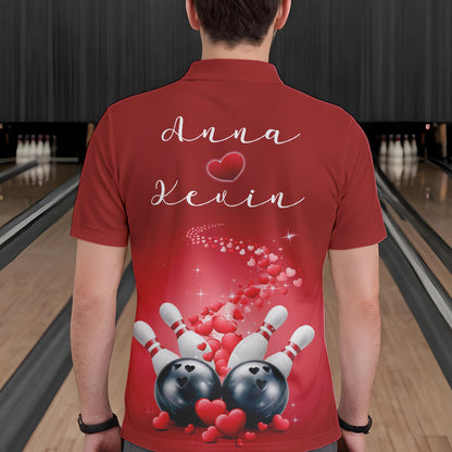 Custom Red Valentine Bowling Polo Shirts For Men, Valentines Day Couple Bowling Outfits  IPHW8348