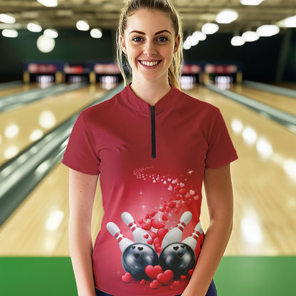 Custom Red Valentine Bowling Quarter-Zip Shirts For Women, Couple Bowling Outfits  IPHW8348