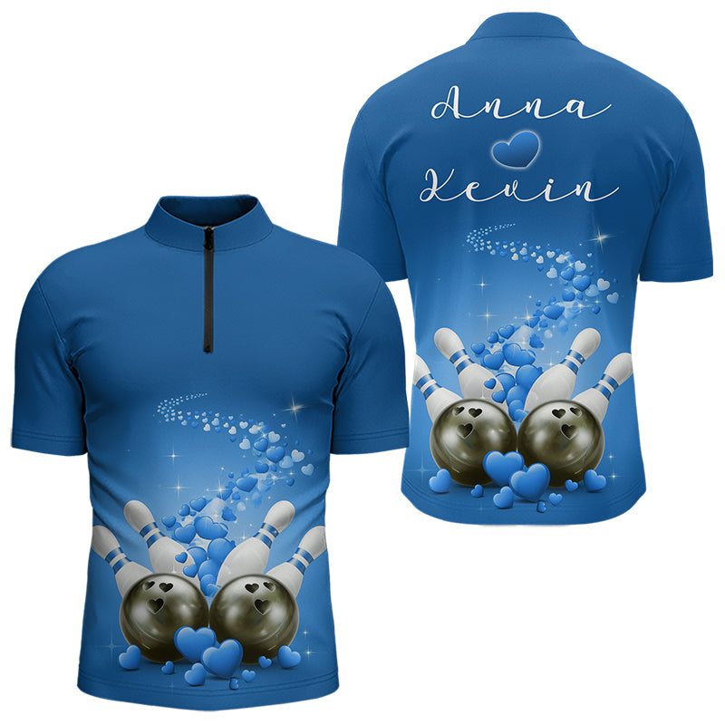 Custom Blue Valentine Bowling Quarter-Zip Shirts For Men, Valentines Day Couple Bowling Outfits  IPHW8349