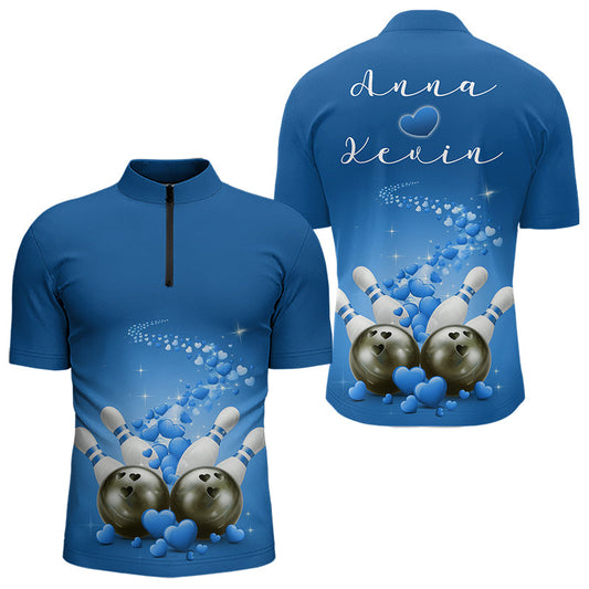 Custom Blue Valentine Bowling Quarter-Zip Shirts For Men, Valentines Day Couple Bowling Outfits  IPHW8349