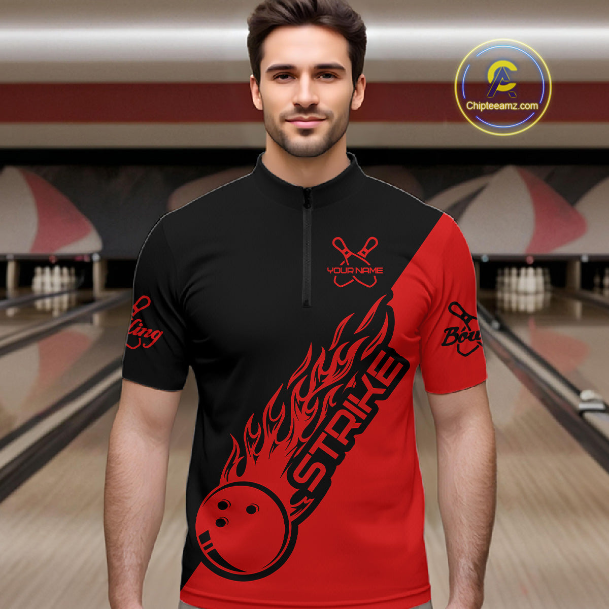 Custom Bowling Shirts For Men And Women, Bowling Team Shirts Bowling Strike | Black And Red IPHW3944