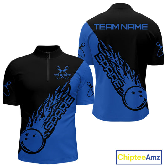 Custom Black And Blue Flame Spare Bowling Men Shirts, Bowling Team League Jerseys IPHW10692