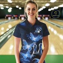 Load image into Gallery viewer, Custom Blue Butterfly Bowling Polo Shirts For Women, Bowling Team Shirt With Butterflies IPHW10701