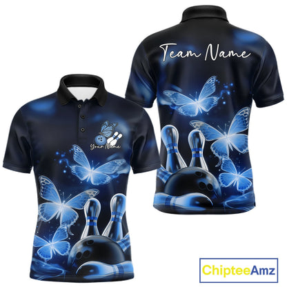 Custom Blue Butterfly Bowling Polo Shirts For Men, Bowling Team Shirt With Butterflies IPHW10701