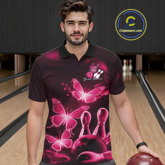 Custom Pink Butterfly Bowling Polo Shirts For Men, Bowling Team Shirt With Butterflies IPHW10702