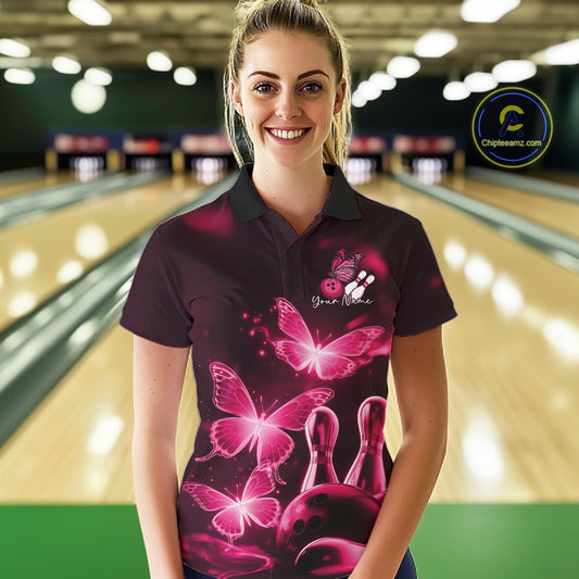Custom Pink Butterfly Bowling Polo Shirts For Women, Bowling Team Shirt With Butterflies IPHW10702