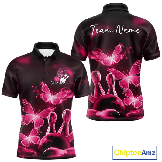 Custom Pink Butterfly Bowling Polo Shirts For Men, Bowling Team Shirt With Butterflies IPHW10702