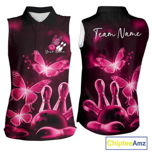 Custom Pink Butterfly Bowling Sleeveless Polo Shirts Women, Bowling Team Shirt With Butterflies IPHW10702