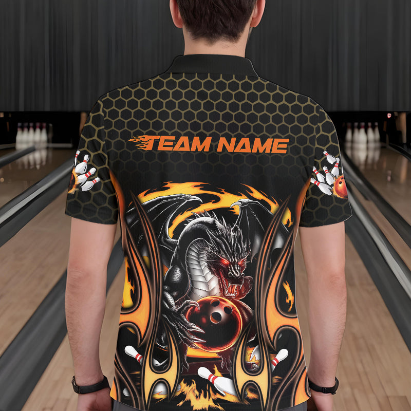 Custom Black And Yellow Flame Dragon Bowling Men Polo Shirts, Team Bowling League Shirt IPHW8839