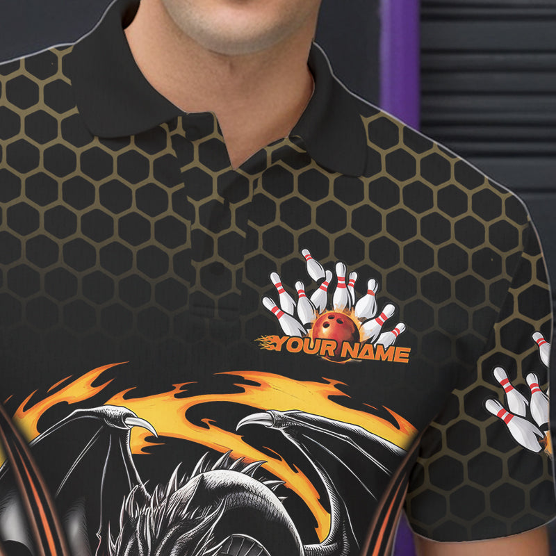 Custom Black And Yellow Flame Dragon Bowling Men Polo Shirts, Team Bowling League Shirt IPHW8839