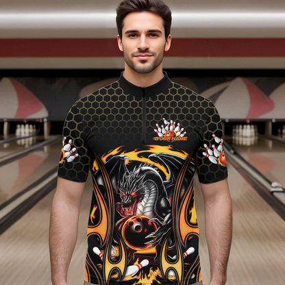 Custom Black And Yellow Flame Dragon Bowling Men Quarter-Zip Shirts, Team Bowling League Shirt IPHW8839