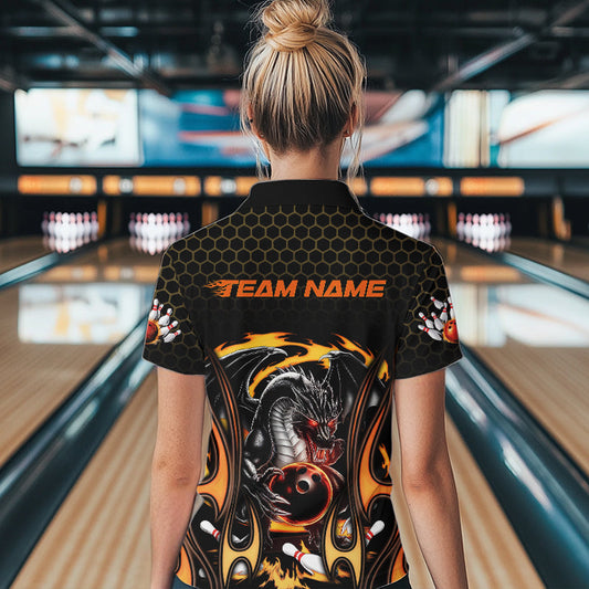 Custom Black And Yellow Flame Dragon Bowling Women Quarter-Zip Shirts, Bowling League Shirt IPHW8839