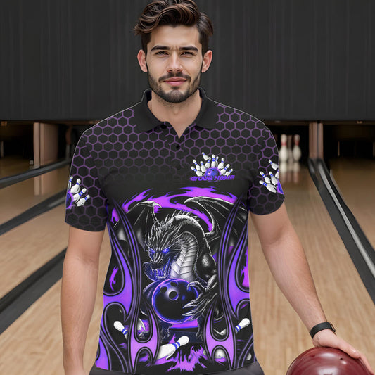 Custom Black And Purple Flame Dragon Bowling Men Polo Shirts, Team Bowling League Shirt IPHW8840