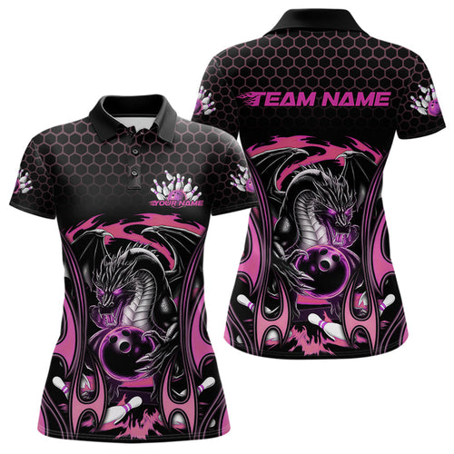 Custom Black And Pink Flame Dragon Bowling Women Polo Shirts, Team Bowling League Shirt IPHW8841