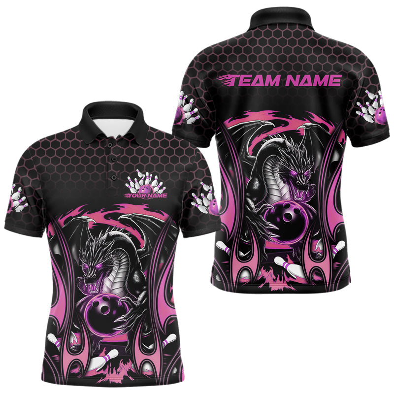 Custom Black And Pink Flame Dragon Bowling Men Polo Shirts, Team Bowling League Shirt IPHW8841