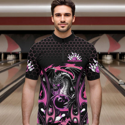 Custom Black And Pink Flame Dragon Bowling Men Quarter-Zip Shirts, Team Bowling League Shirt IPHW8841