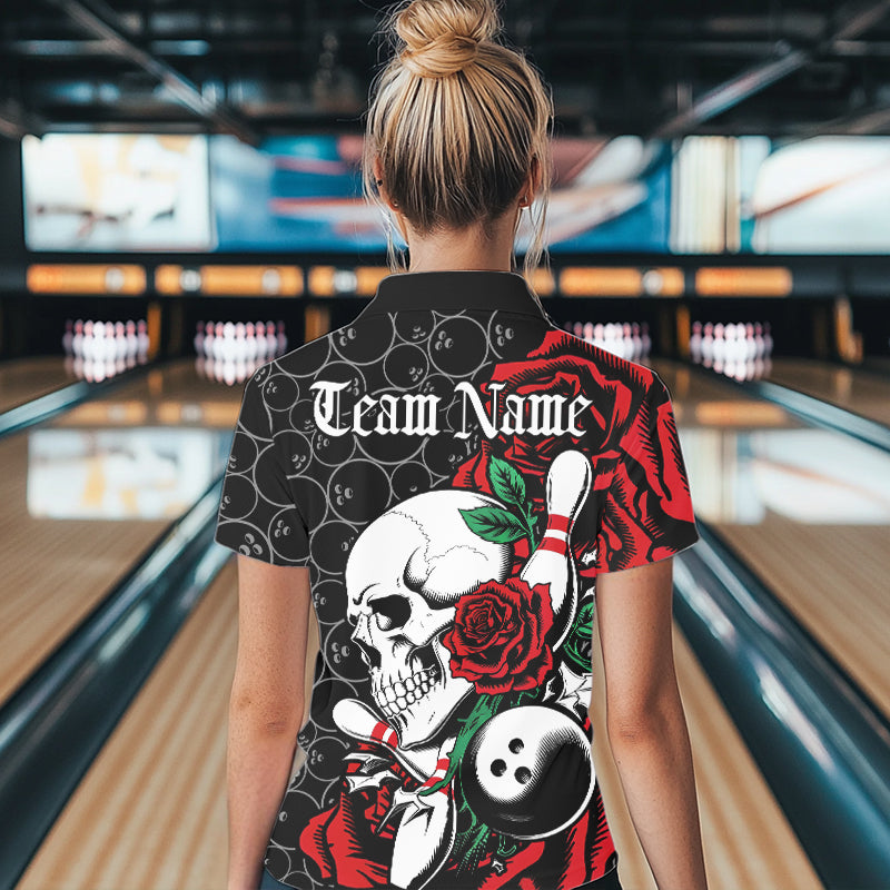 Custom Red Roses And Skull Bowling Polo Shirts For Women, Team Bowling League Shirt IPHW8842