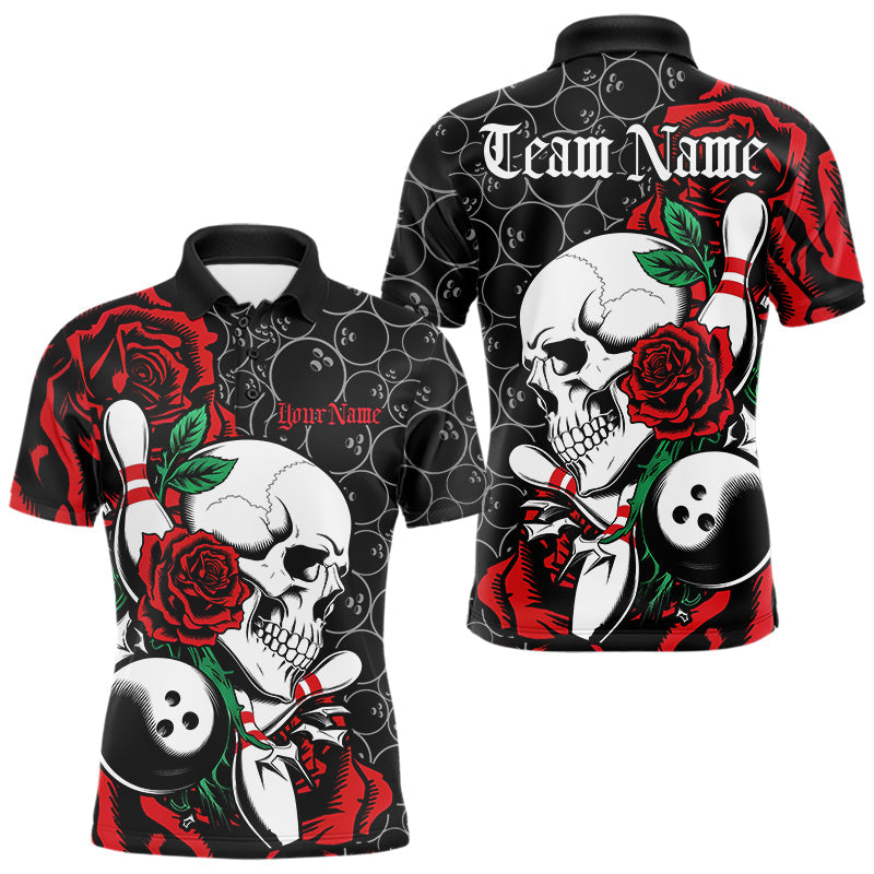 Custom Red Roses And Skull Bowling Polo Shirts For Men, Team Bowling League Shirt IPHW8842