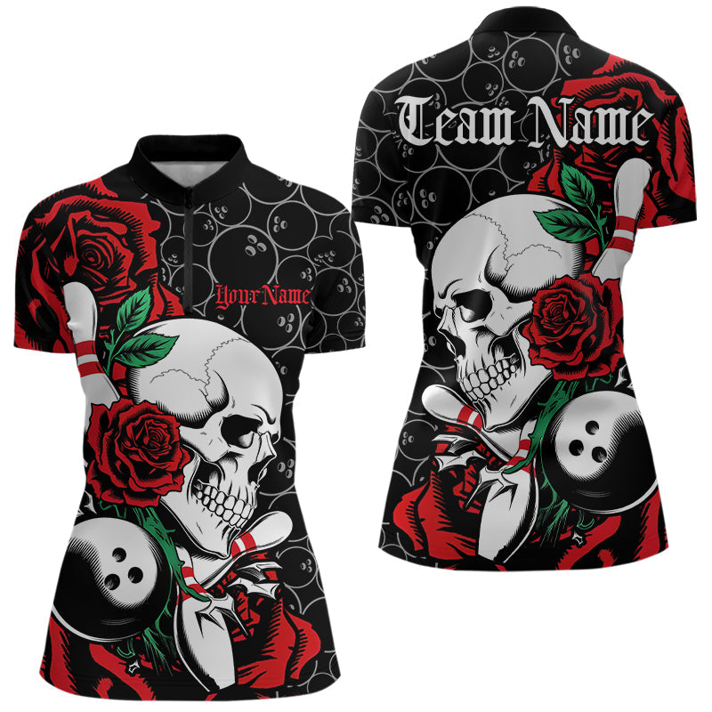 Custom Red Roses And Skull Bowling Quarter-Zip Shirts For Women, Team Bowling League Shirt IPHW8842