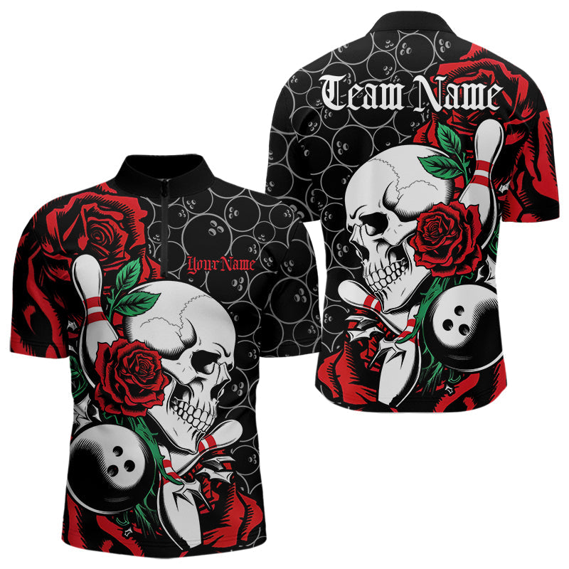Custom Red Roses And Skull Bowling Quarter-Zip Shirts For Men, Team Bowling League Shirt IPHW8842
