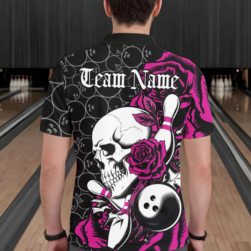 Custom Pink Roses And Skull Bowling Polo Shirts For Men, Team Bowling League Shirt IPHW8843
