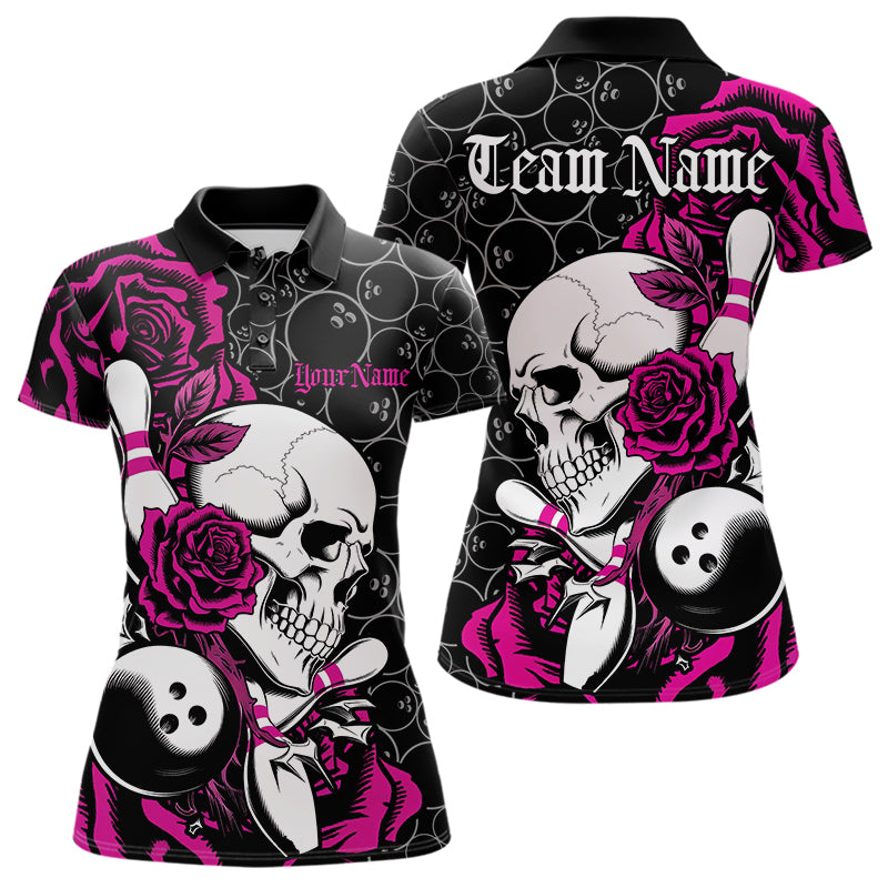 Custom Pink Roses And Skull Bowling Polo Shirts For Women, Team Bowling League Shirt IPHW8843