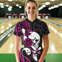Load image into Gallery viewer, Custom Pink Roses And Skull Bowling Quarter-Zip Shirts For Women, Team Bowling League Shirt IPHW8843