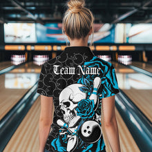Load image into Gallery viewer, Custom Blue Roses And Skull Bowling Quarter-Zip Shirts For Women, Team Bowling League Shirt IPHW8844