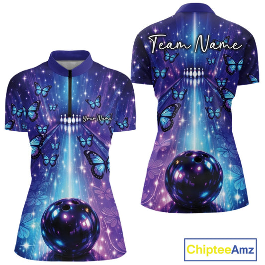 Custom Blue And Purple Galaxy Bowling Lane Butterfly Bowling Women Quarter-Zip Shirt IPHW10913