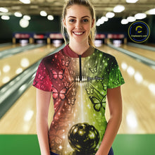 Load image into Gallery viewer, Custom Red And Green Galaxy Bowling Lane Butterfly Bowling Team Women Quarter-Zip Shirt IPHW10914