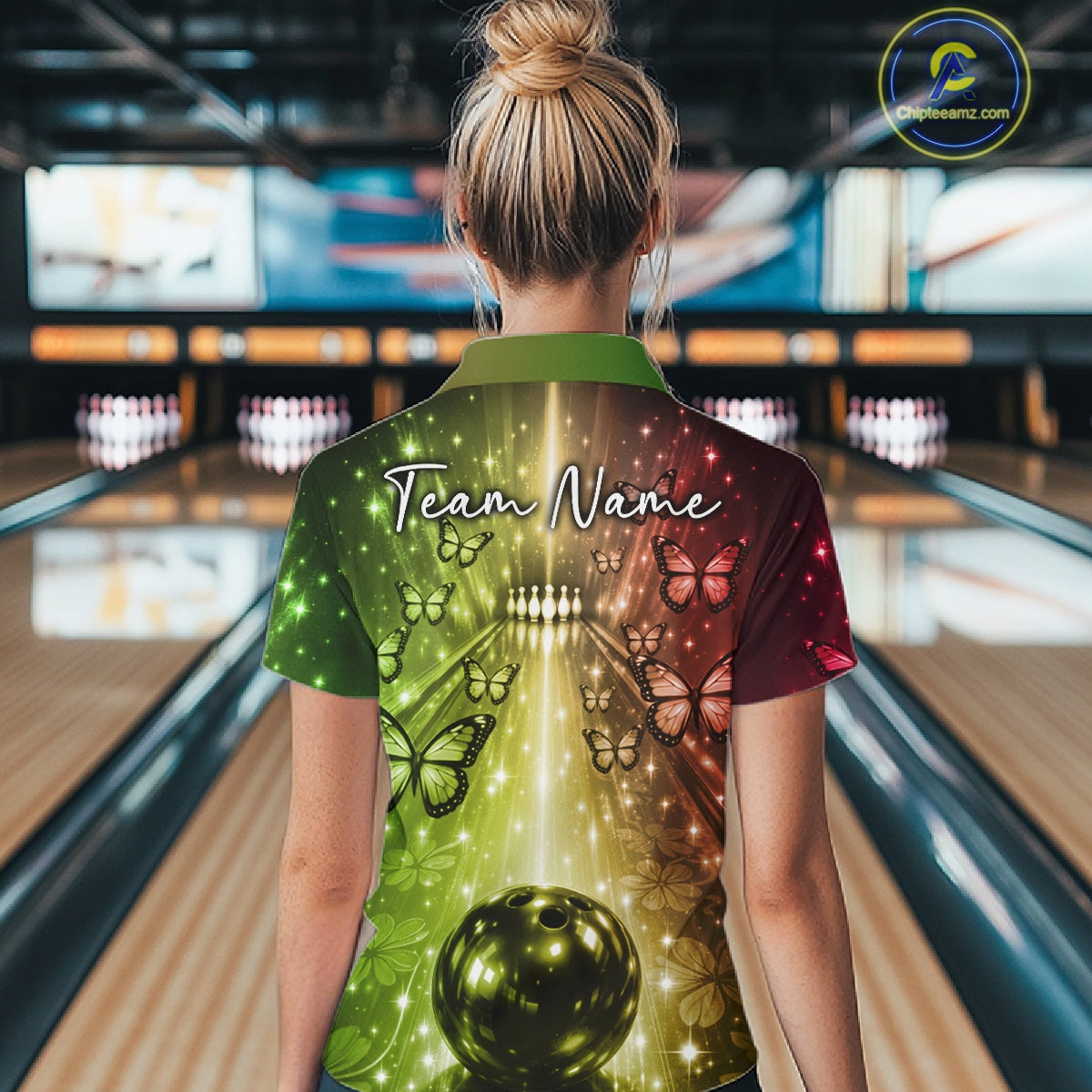 Custom Red And Green Galaxy Bowling Lane Butterfly Bowling Team Women Quarter-Zip Shirt IPHW10914