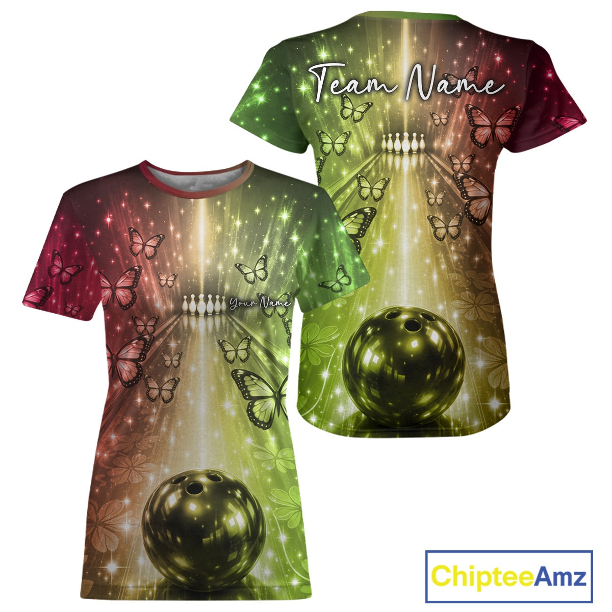 Custom Red And Green Galaxy Bowling Lane Butterfly Bowling Team Women T-Shirts IPHW10914