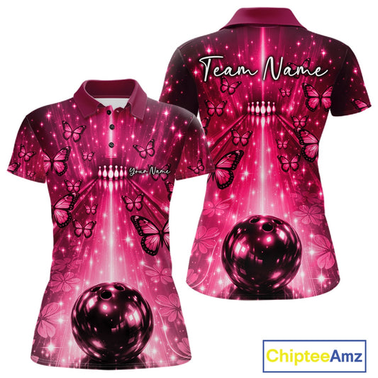 Custom Pink Galaxy Bowling Lane Butterfly Bowling Team Women Polo Shirt IPHW10915