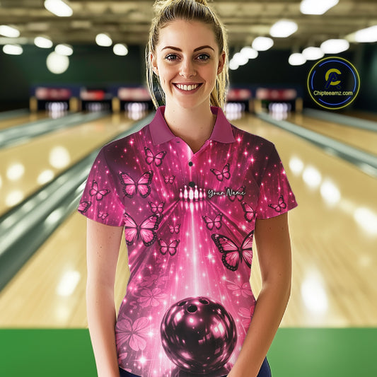 Custom Pink Galaxy Bowling Lane Butterfly Bowling Team Women Polo Shirt IPHW10915