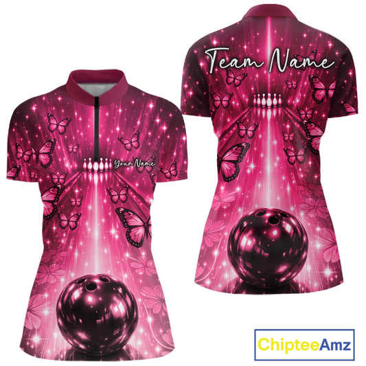Custom Pink Galaxy Bowling Lane Butterfly Bowling Team Women Quarter-Zip Shirt IPHW10915