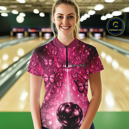 Custom Pink Galaxy Bowling Lane Butterfly Bowling Team Women Quarter-Zip Shirt IPHW10915