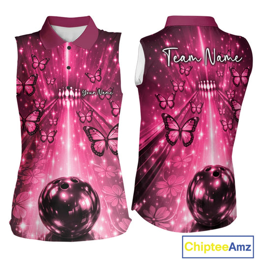 Custom Pink Galaxy Bowling Lane Butterfly Bowling Team Women Sleeveless Polo Shirt IPHW10915