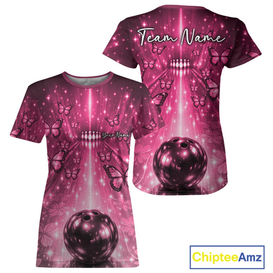 Custom Pink Galaxy Bowling Lane Butterfly Bowling Team Women T-Shirts IPHW10915