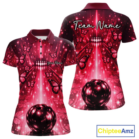 Custom Red Galaxy Bowling Lane Butterfly Bowling Team Women Polo Shirt IPHW10916