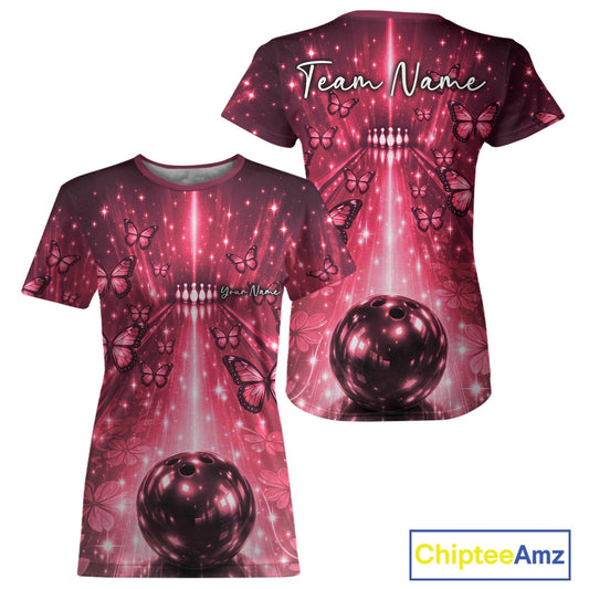Custom Red Galaxy Bowling Lane Butterfly Bowling Team Women T-Shirts IPHW10916