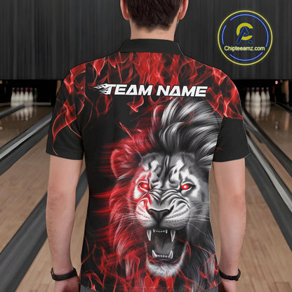 Custom Red Flame Lion Bowling Polo Team Shirts For Men, Lion Bowling League Shirt IPHW9326